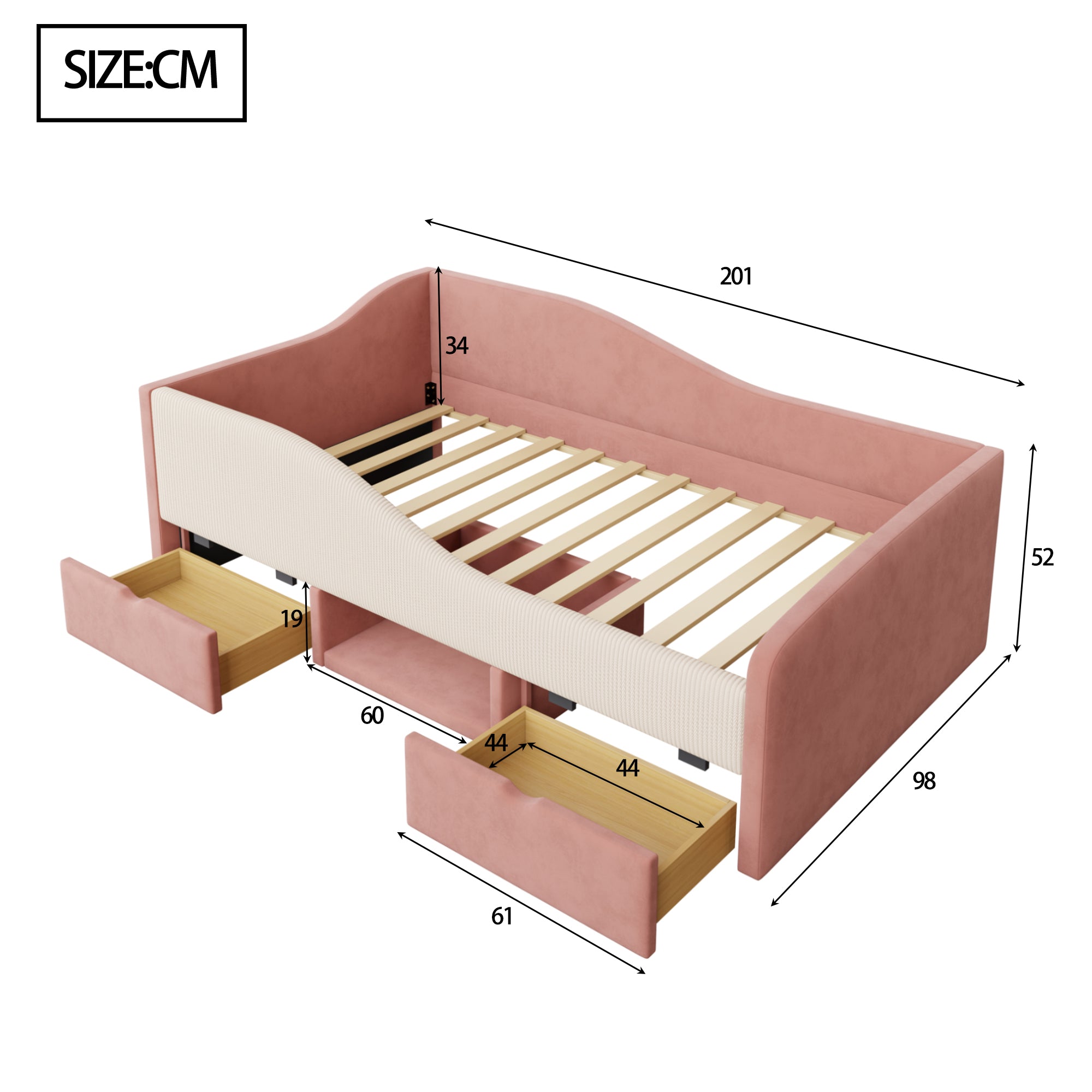 Logidon gestoffeerd bed 90x190 roze crème wit fluweel stof twee lades