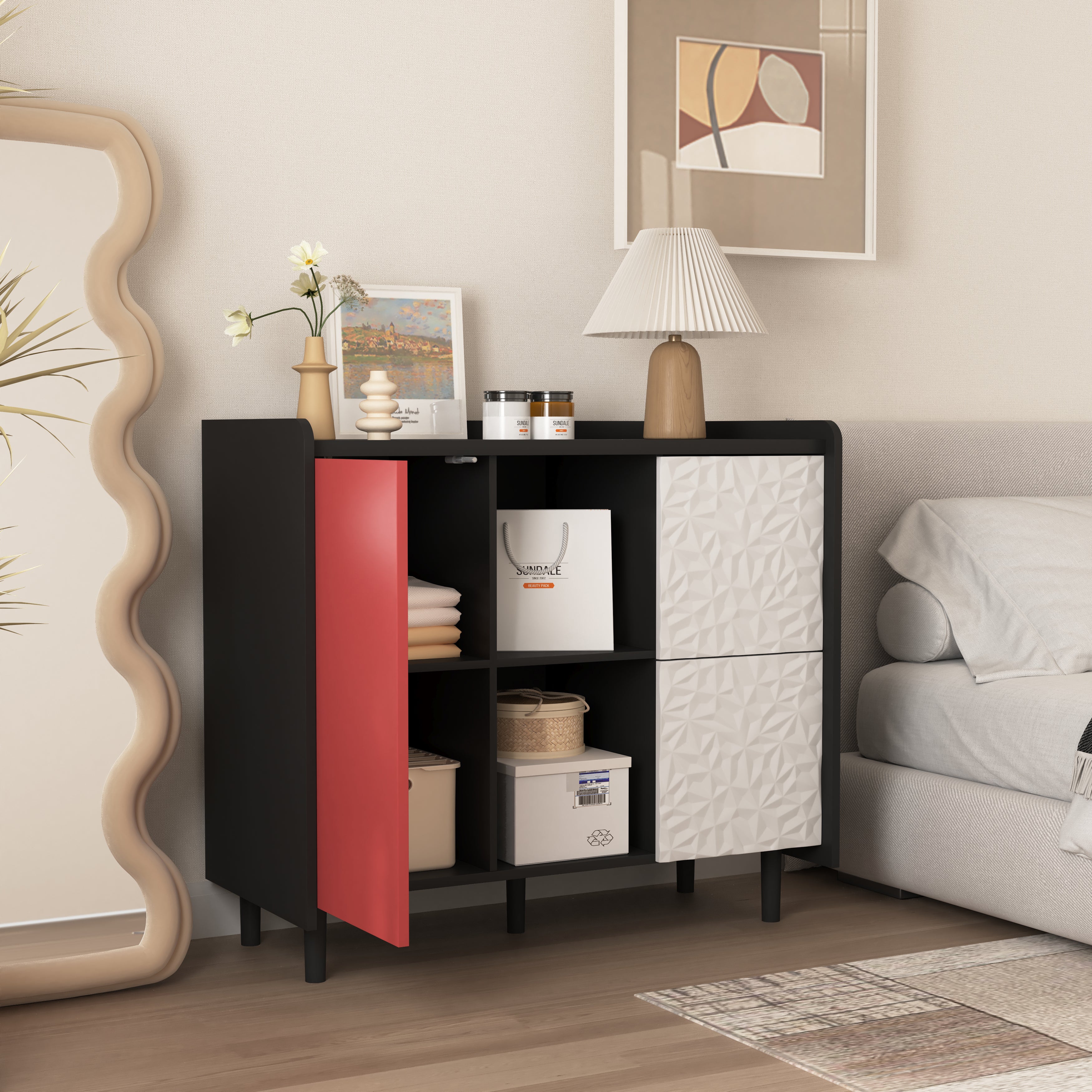Logidon Dressoir Zwart Met Rode Deuren 2 Lades 90x40x80 cm