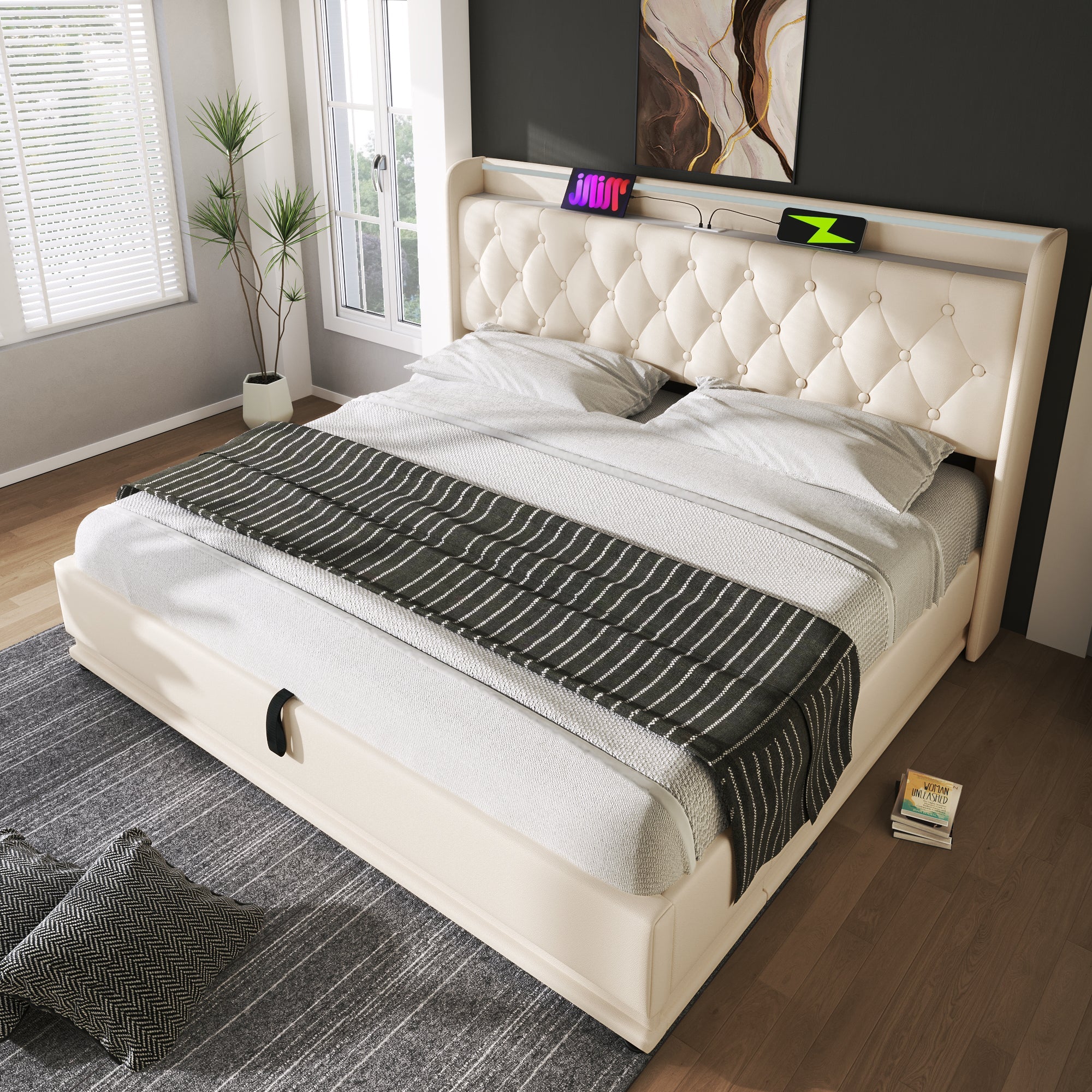 Logidon gestoffeerd bed tweepersoonsbed 180x200 cm wit PU, 360 surround LED