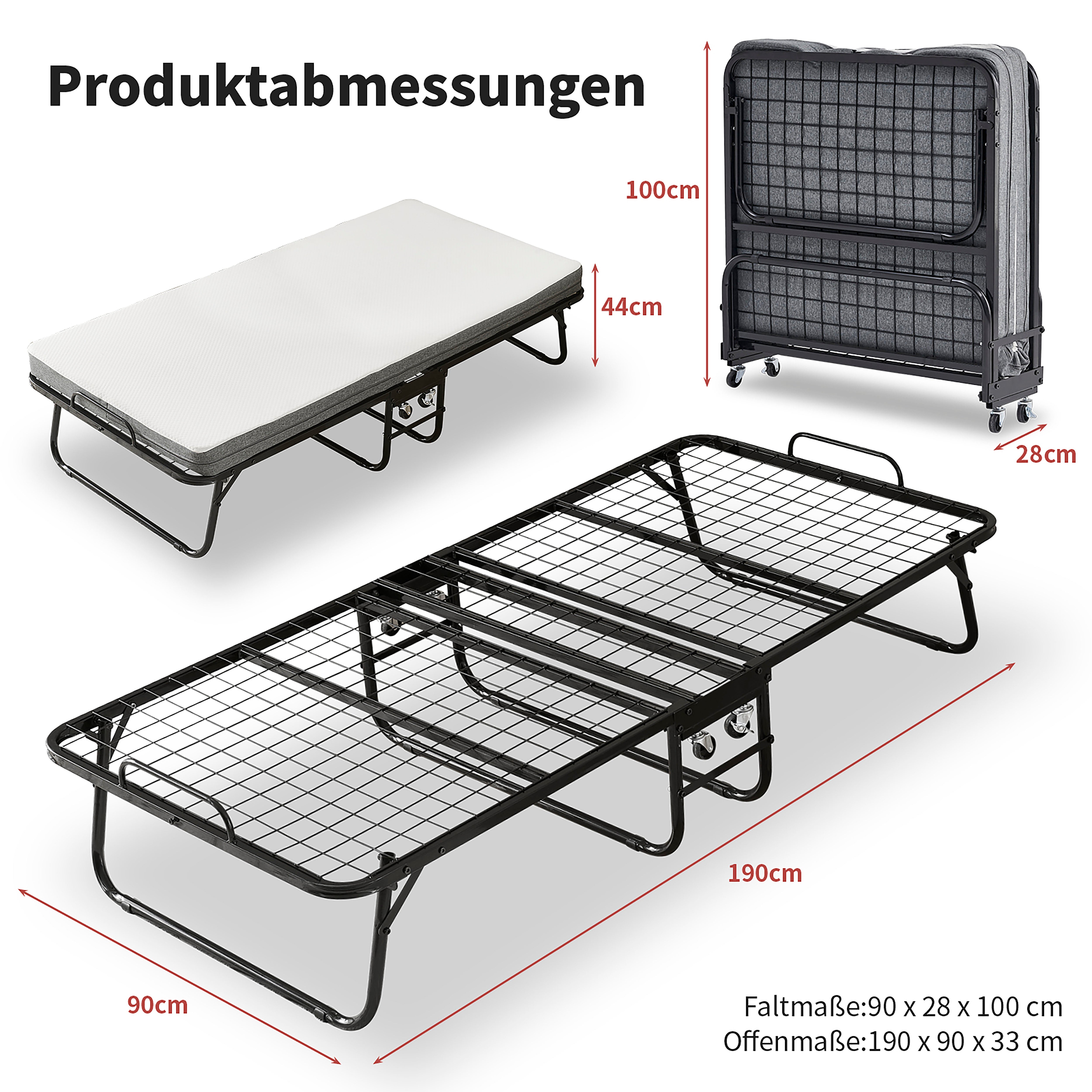 Logidon opklapbed 90x190 cm met 10 cm traagschuimmatras zwart 4 wielen