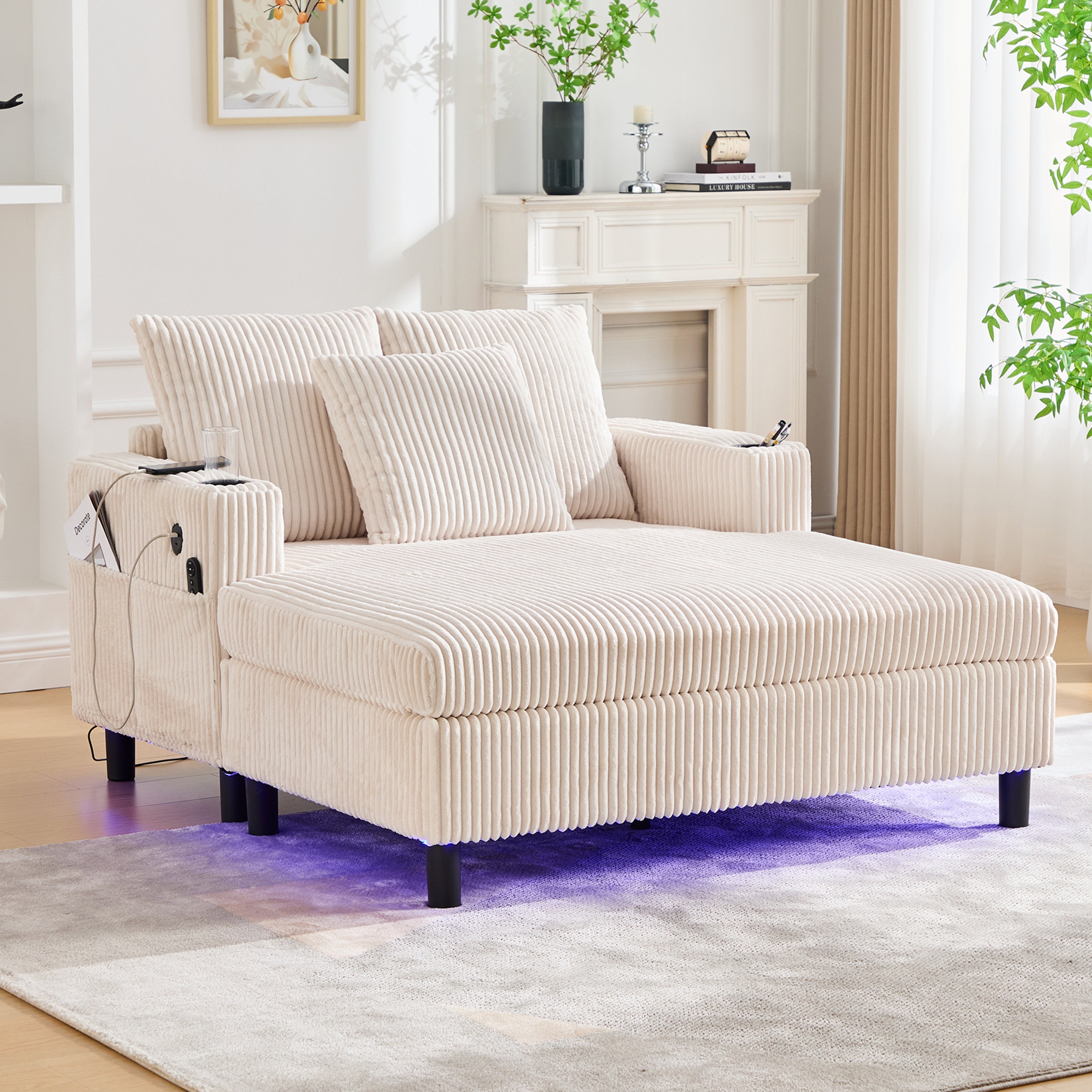 Logidon Chaise Longue Ligstoel Beige Fluweel Met USB LED-verlichting