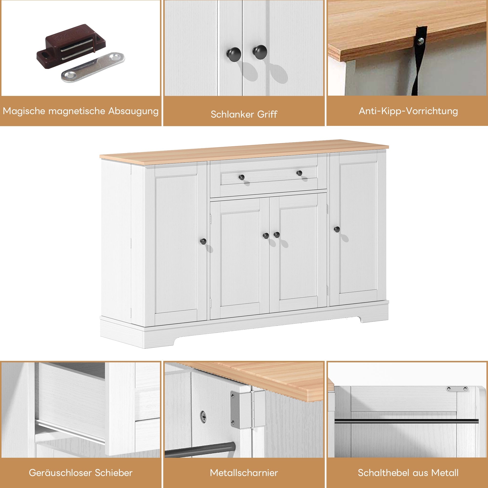 Logidon keukenbuffet 138 cm witte multifunctionele ladedeuren