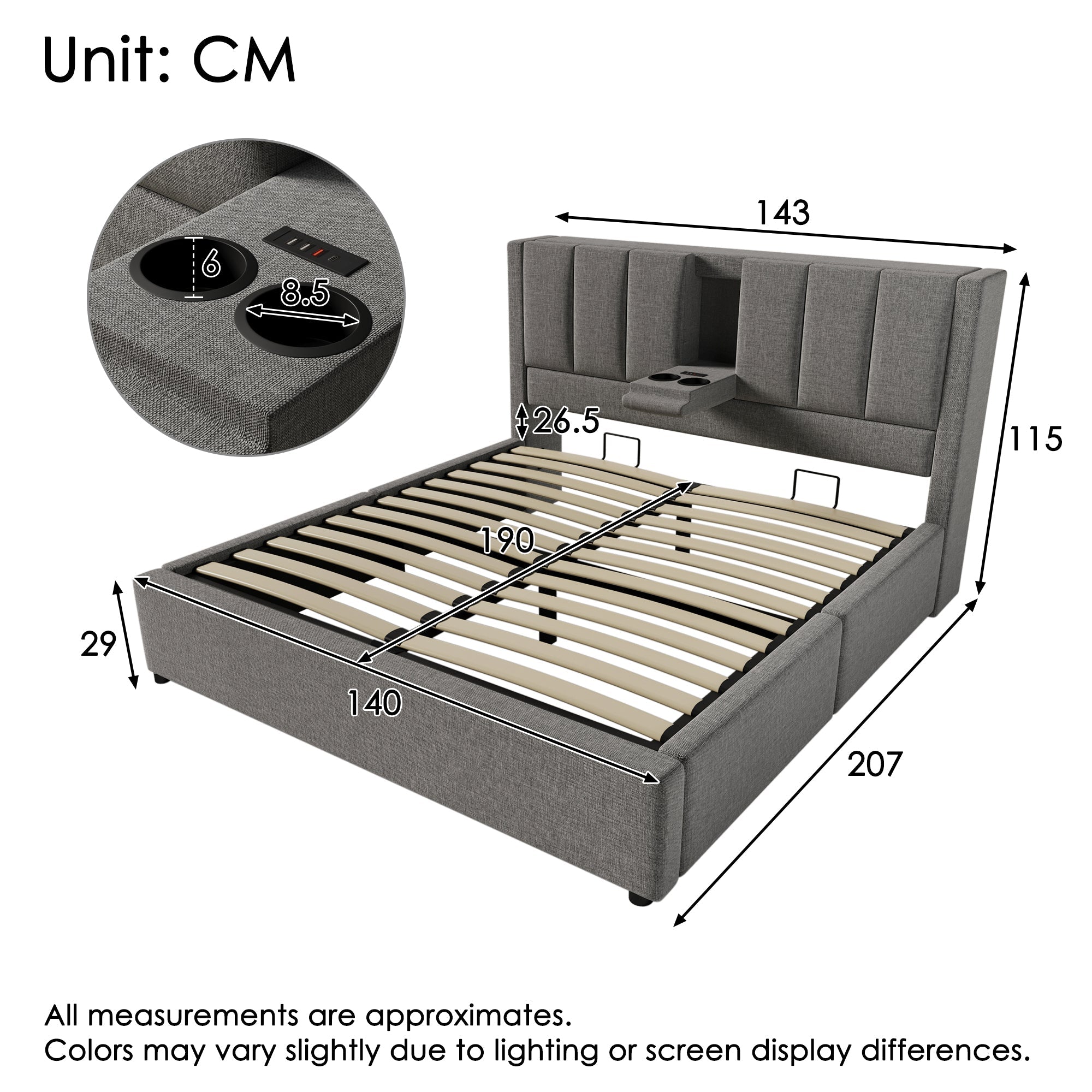 Logidon gestoffeerd bed 140x190 cm met bekerhouder en USB-oplader grijs