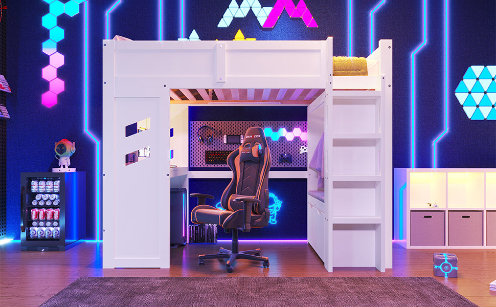Logidon hoogslaper 140x200 cm wit gamingbed met bureau LED