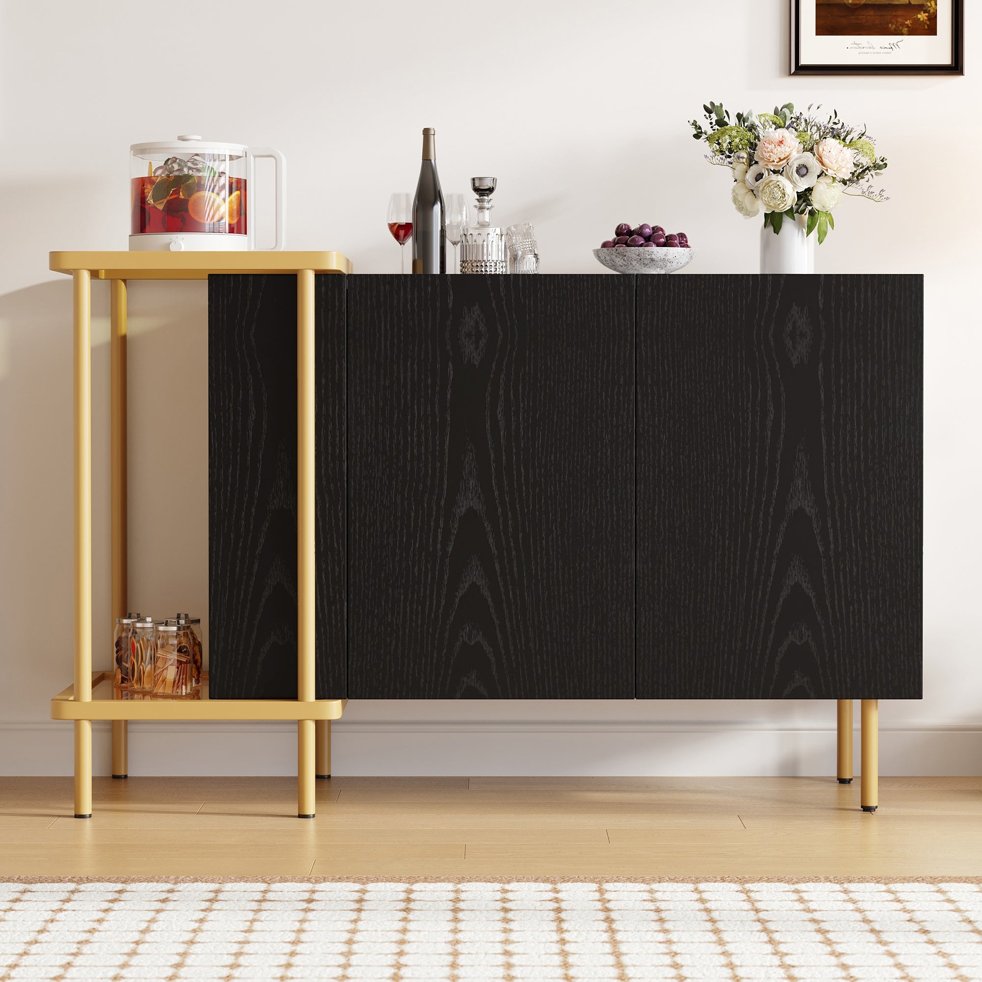 Logidon Dressoir Zwart Glazen Blad En Metalen Poten 120x40x77.5