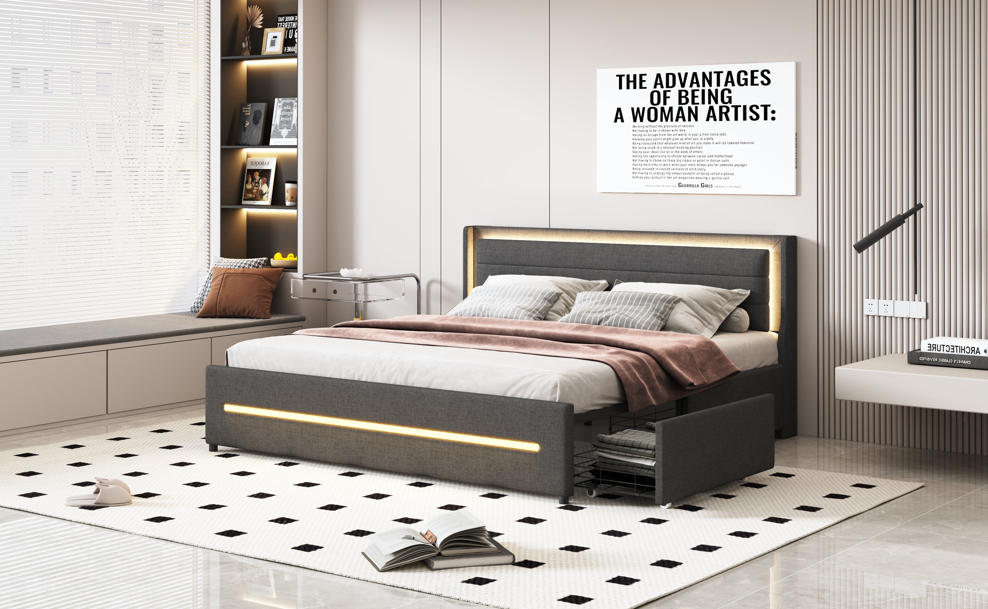 Logidon gestoffeerd bed 180x200 met LED verlichting en 4 opbergvakken grijs