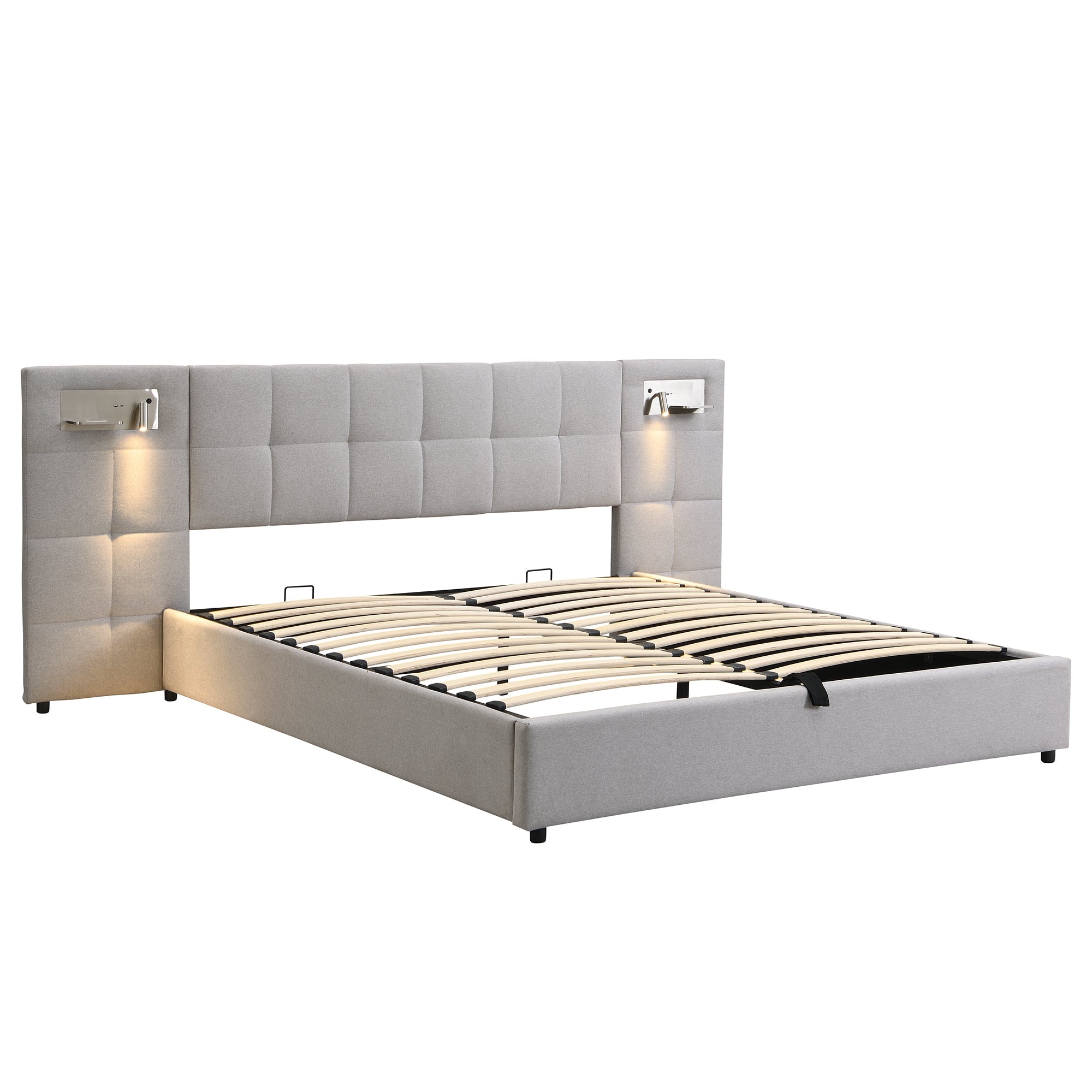 Logidon gestoffeerd bed 180x200 cm grijs hydraulisch bed USB-licht opbergruimte