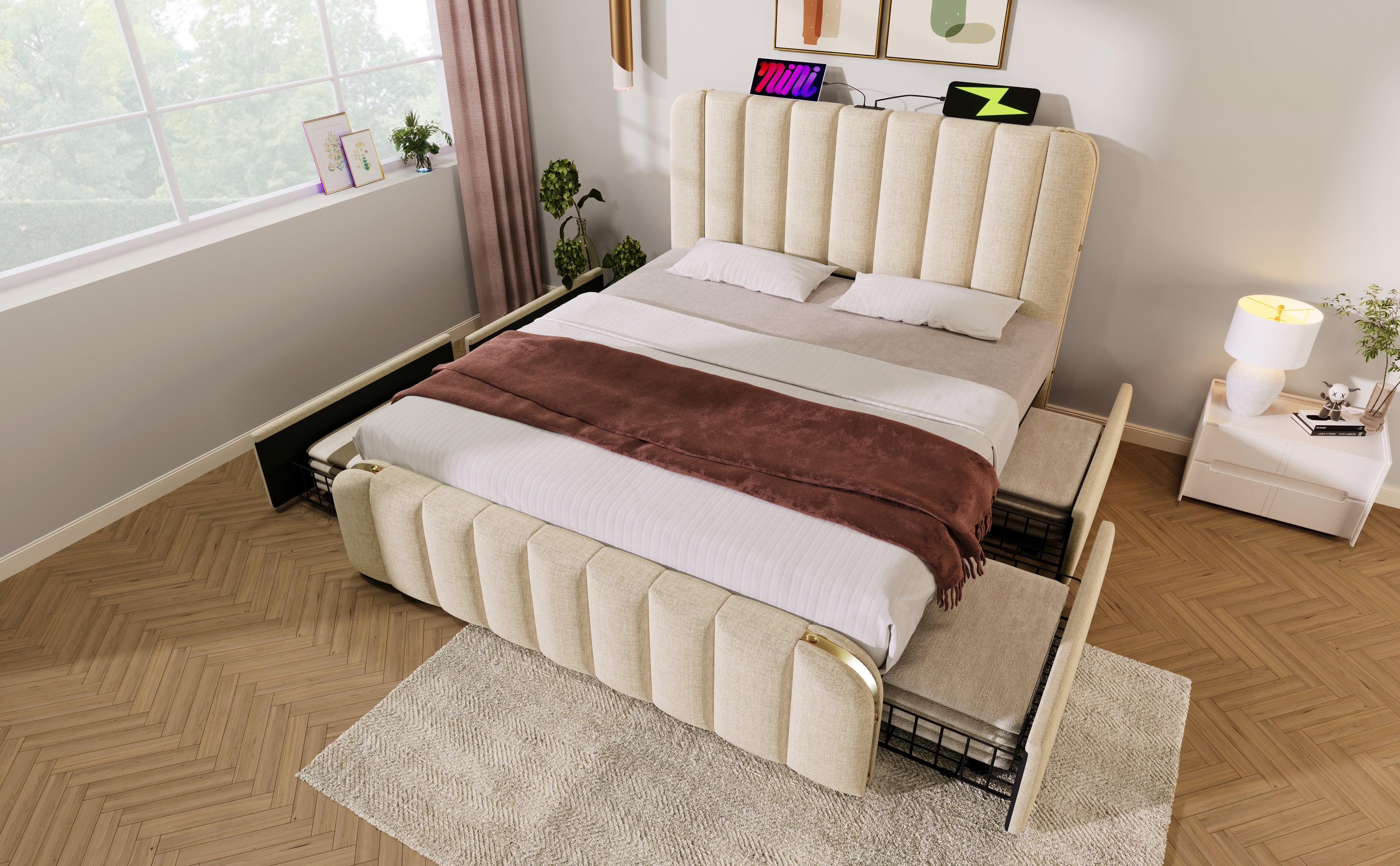Logidon gestoffeerd bedhoofdeinde USB C oplaadfunctie 140x200 beige linnen