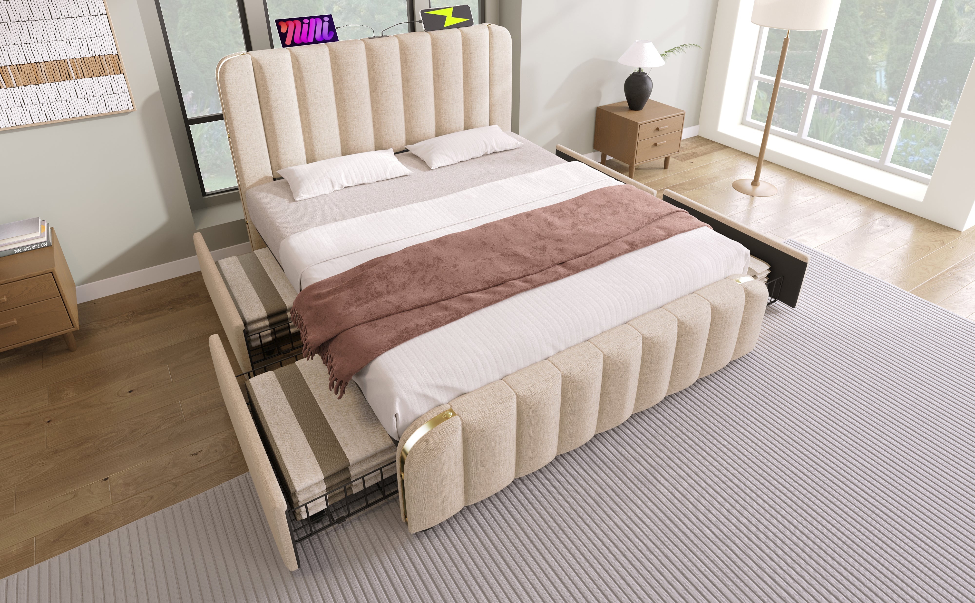 Logidon gestoffeerd bedhoofdeinde USB C oplaadfunctie 140x200 beige linnen