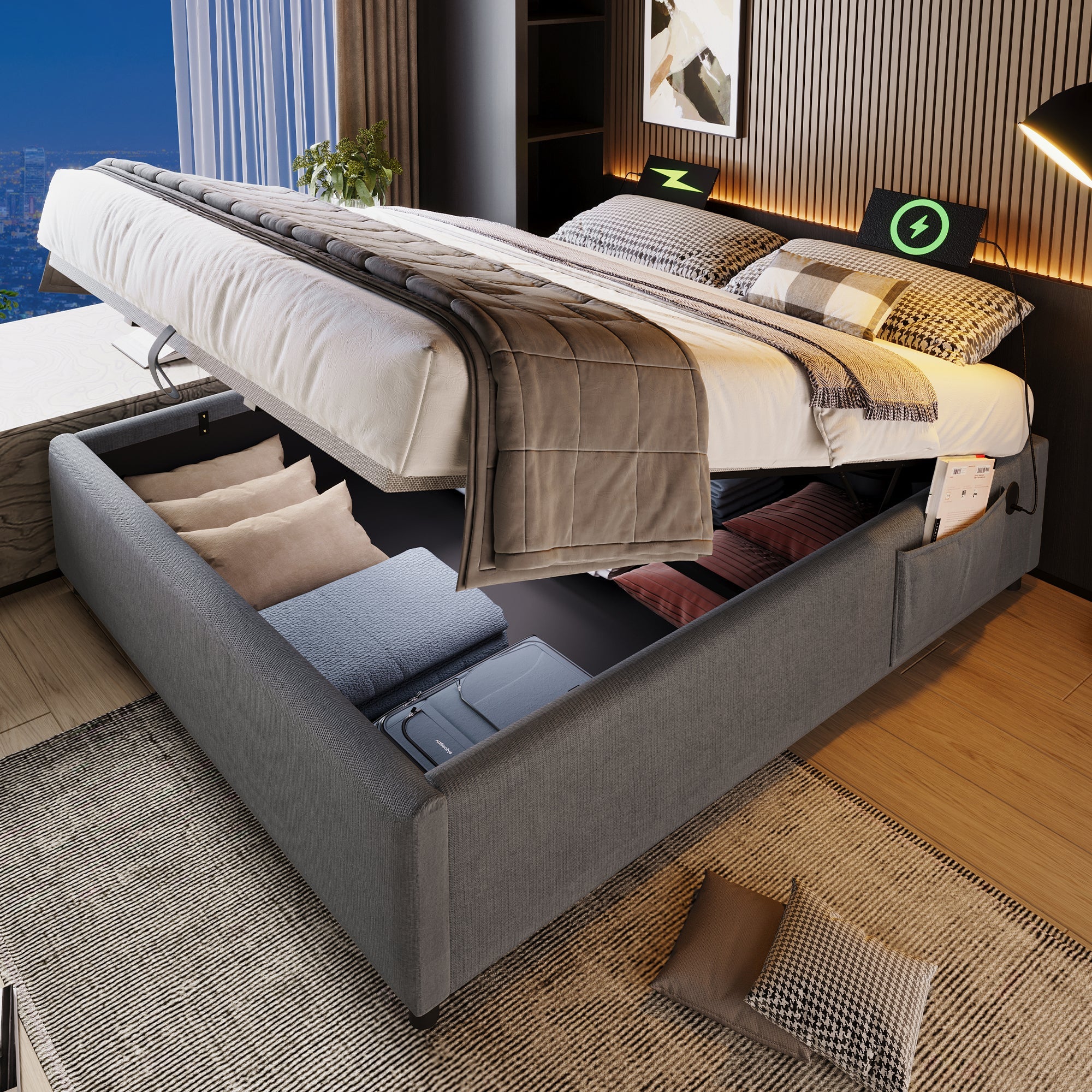 Logidon upholstered bed double bed 140x200 cm with USB C storage space gray