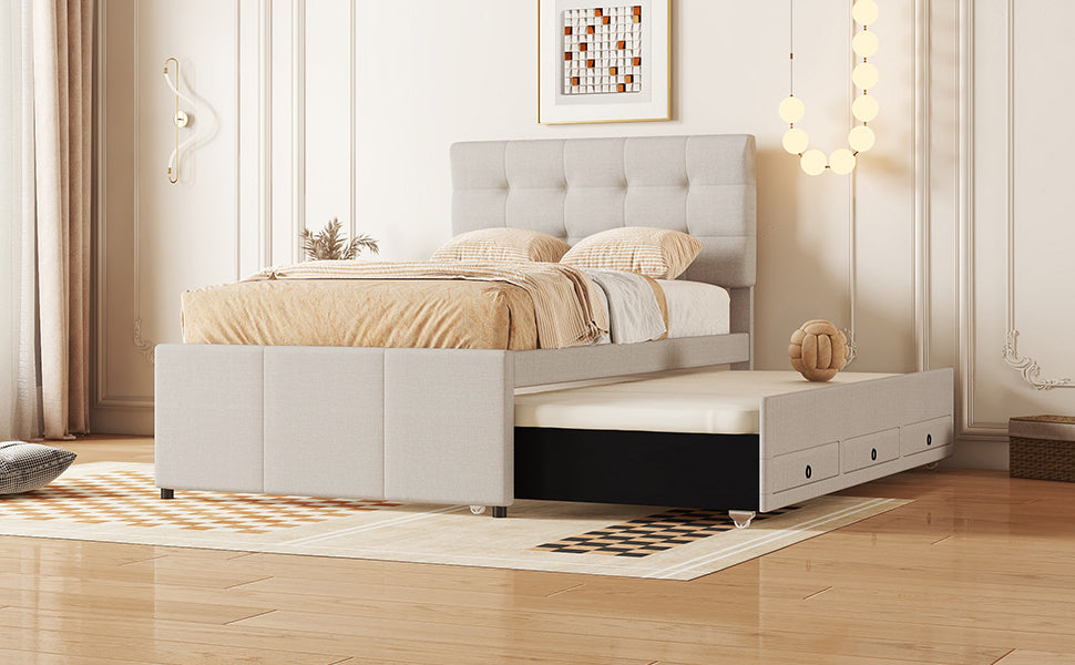 Logidon gestoffeerd bed 90x200 beige uitschuifbaar onderschuifbed 3 lades