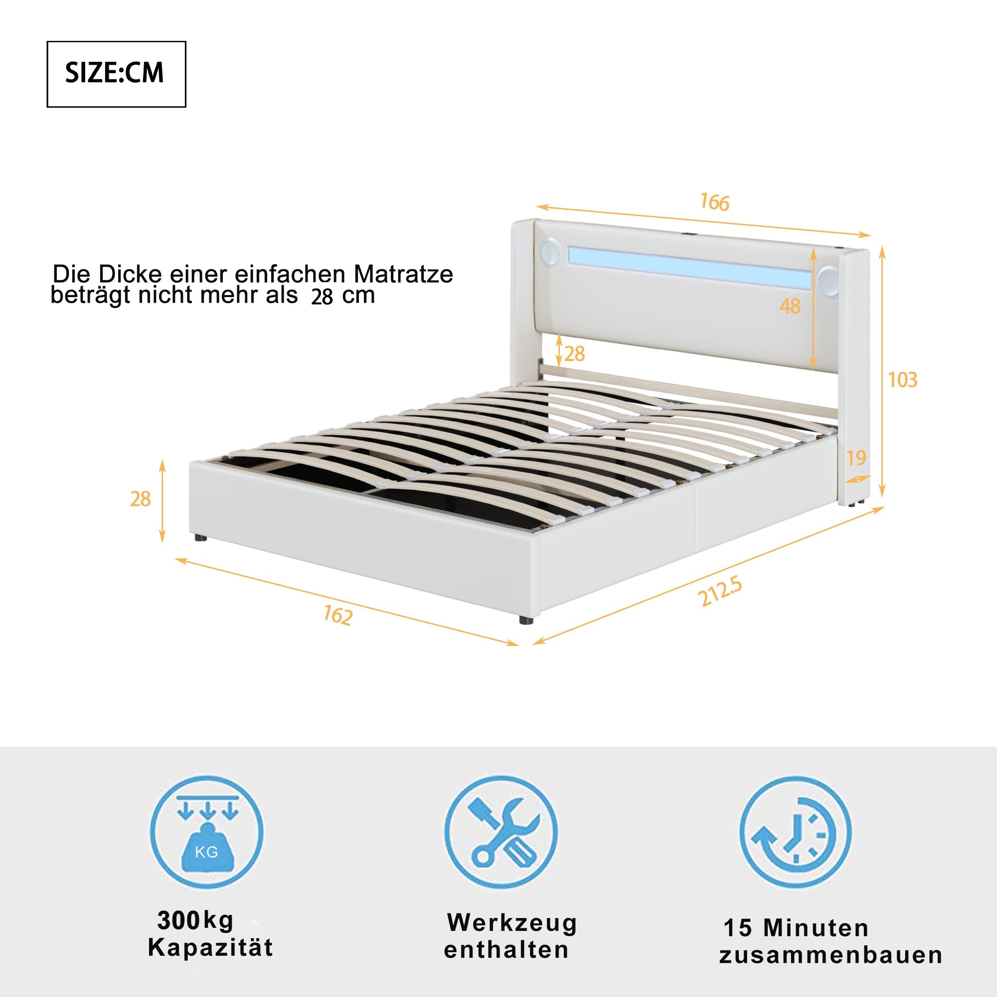Logidon gestoffeerd bed 160x200 wit met LED lichtstrip Bluetooth USB