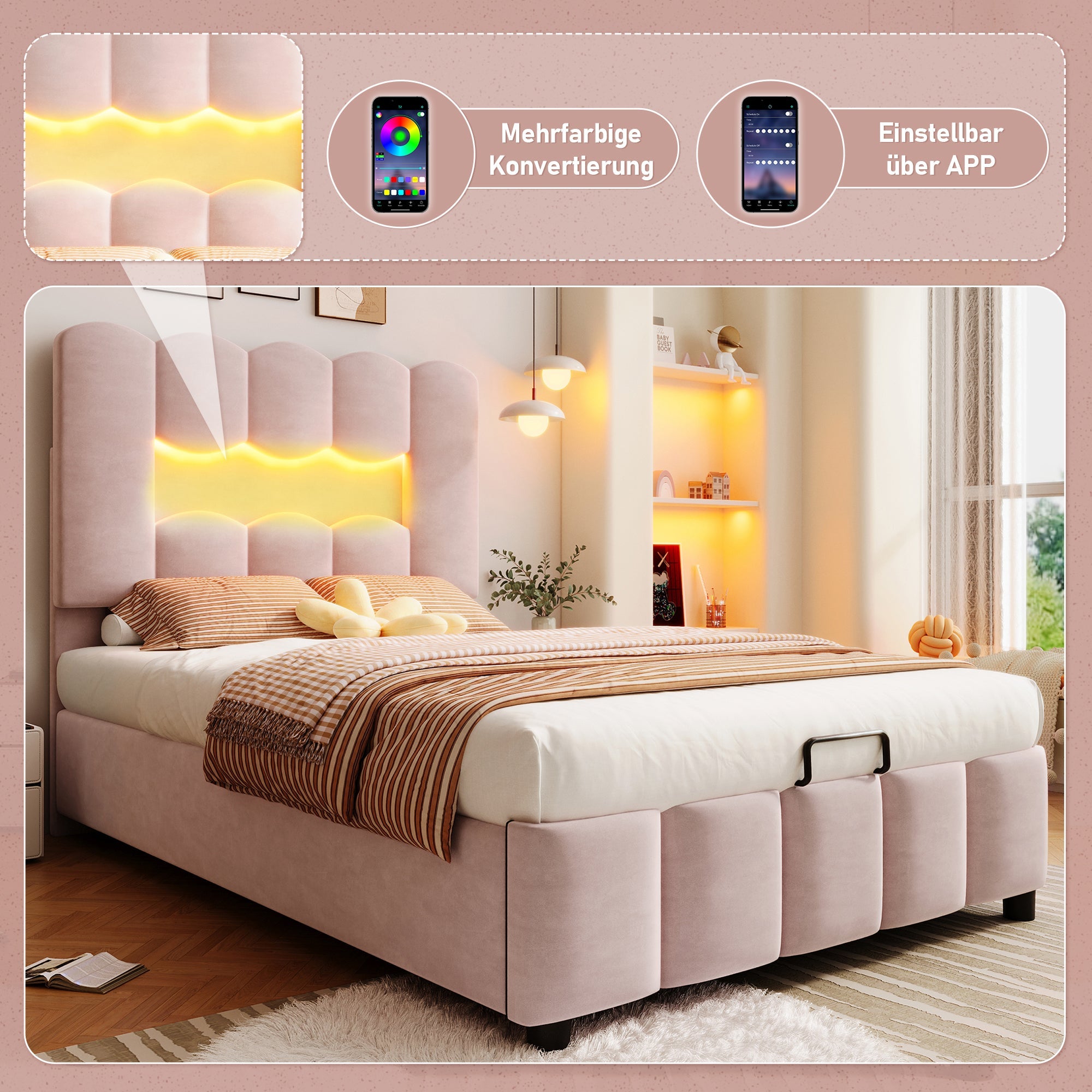 Logidon upholstered bed 90x200 pink velvet LED lighting hydraulic