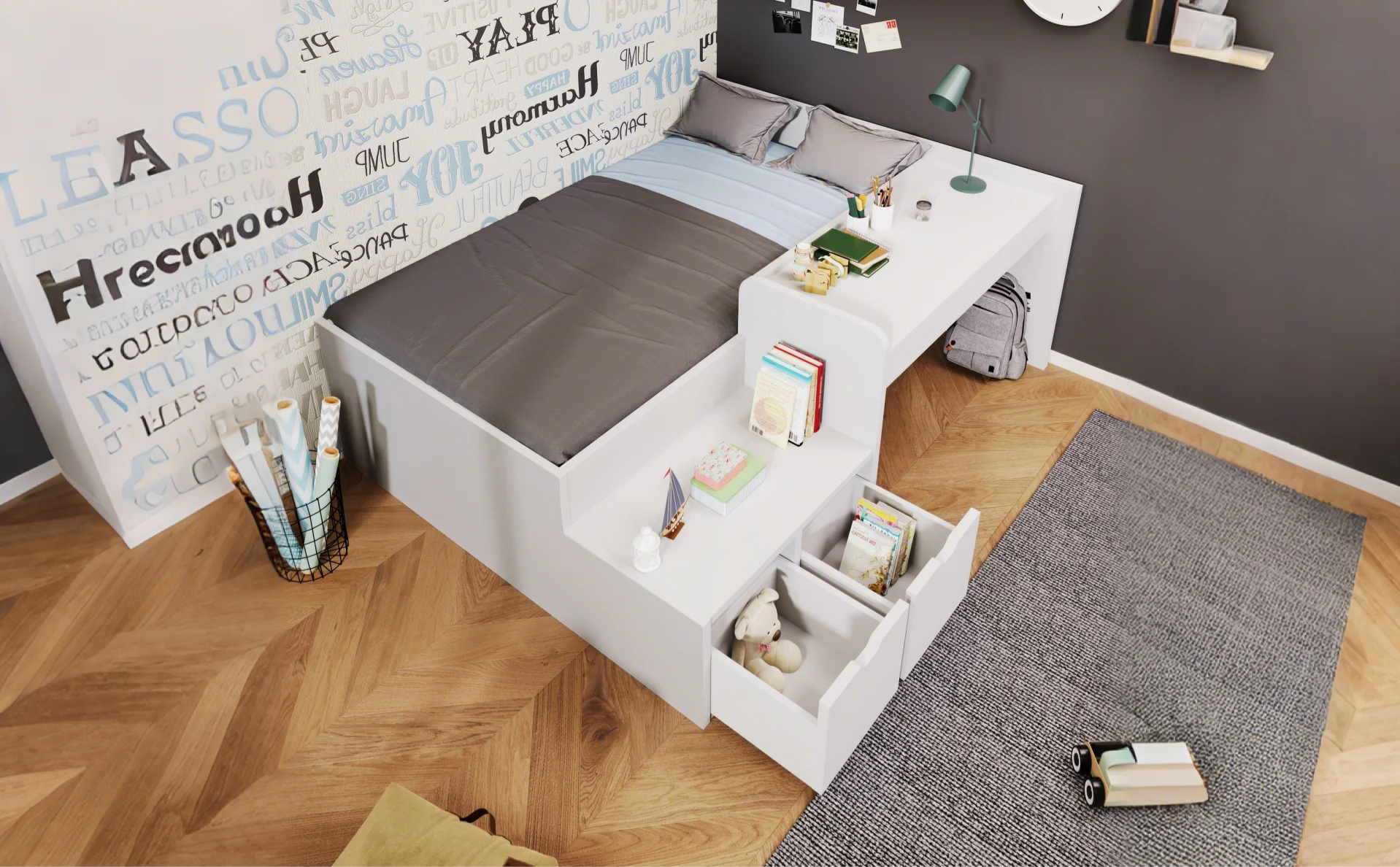 Logidon kinderbed 90x200 massief hout wit met bureau en opbergruimte
