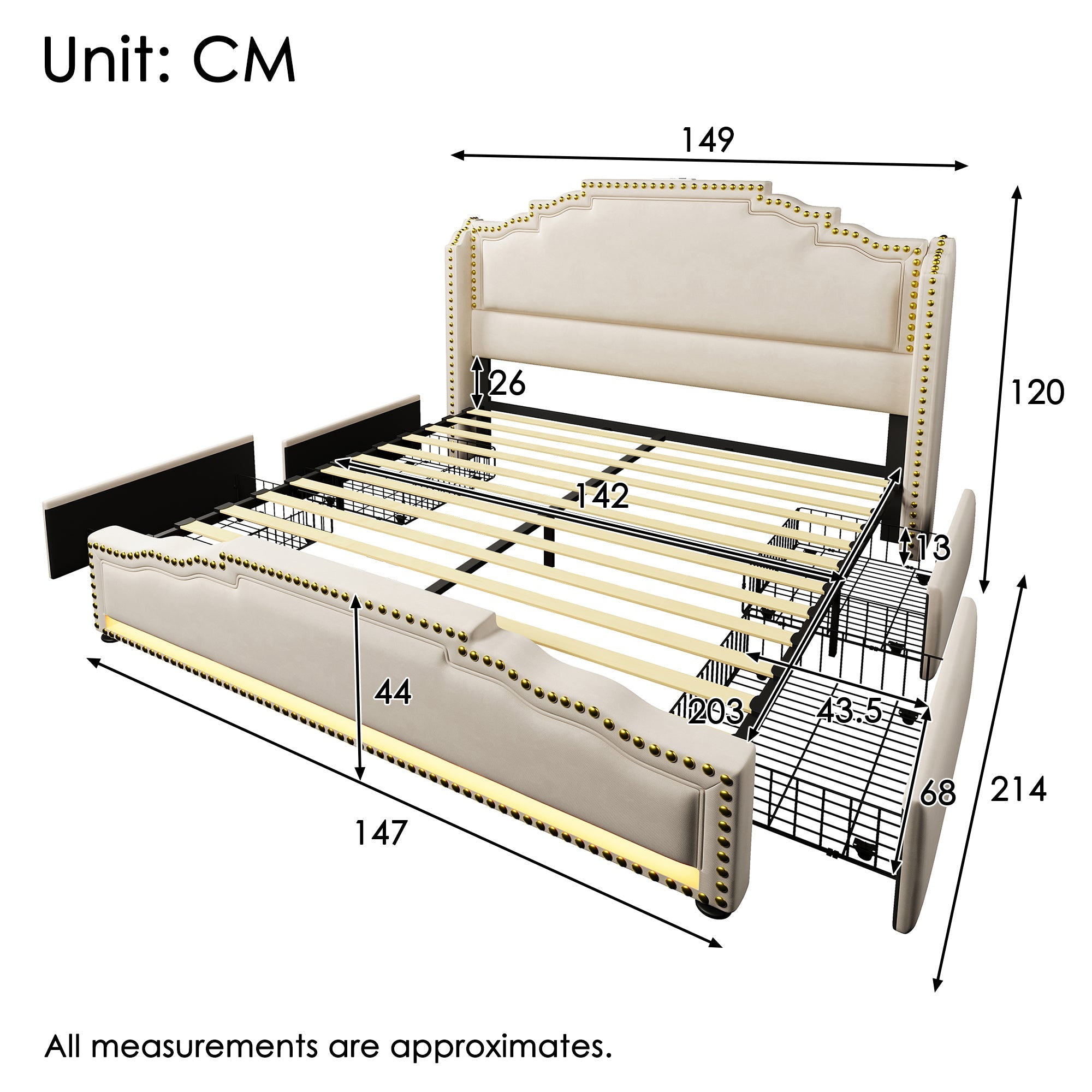 Logidon gestoffeerd bed 140x200 beige LED USB C 4 lades met matras