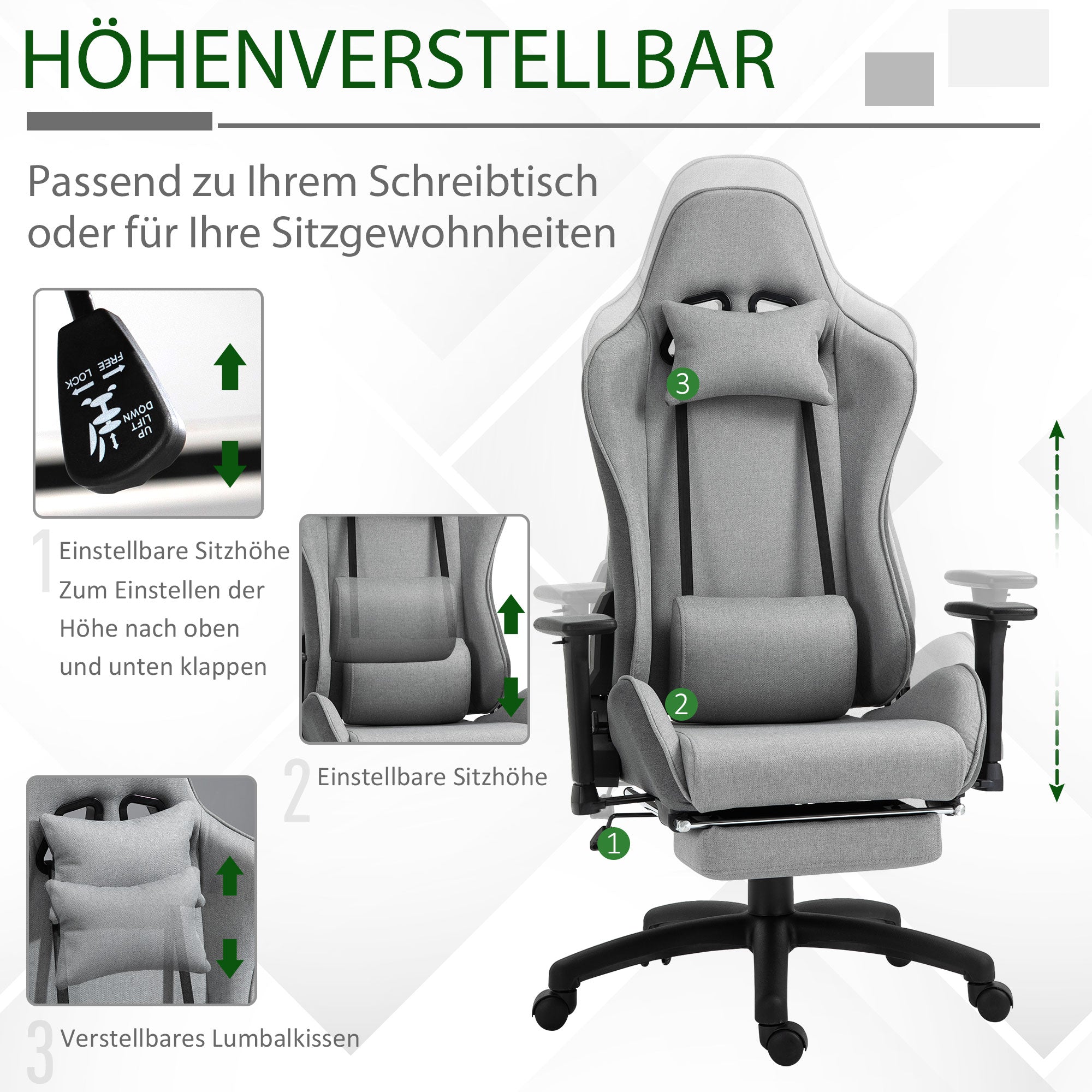 Logidon Vinsetto Ergonomische bureaustoel Grijze armleuning en kussen