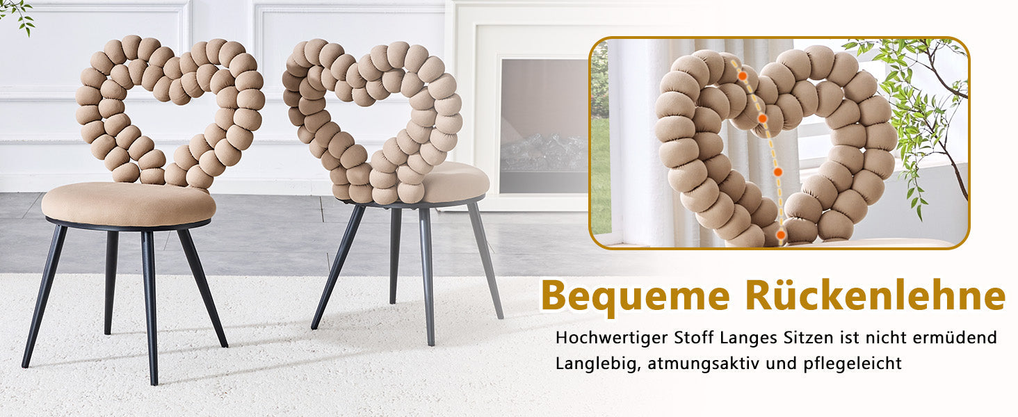 Logidon Kameelfluwelen eetkamerstoelenset met 2 beige hartvormige rugleuningen