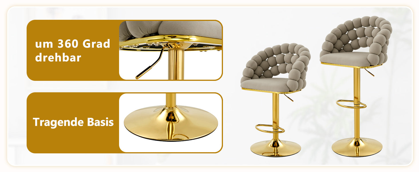 Logidon grijze fluwelen barkrukken set van 2 kogelketting rugleuning gouden frame