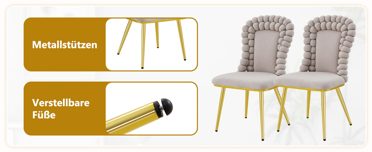 Logidon Set van 2 lichtgrijze fluwelen eetkamerstoelen met rugleuning met kogelketting
