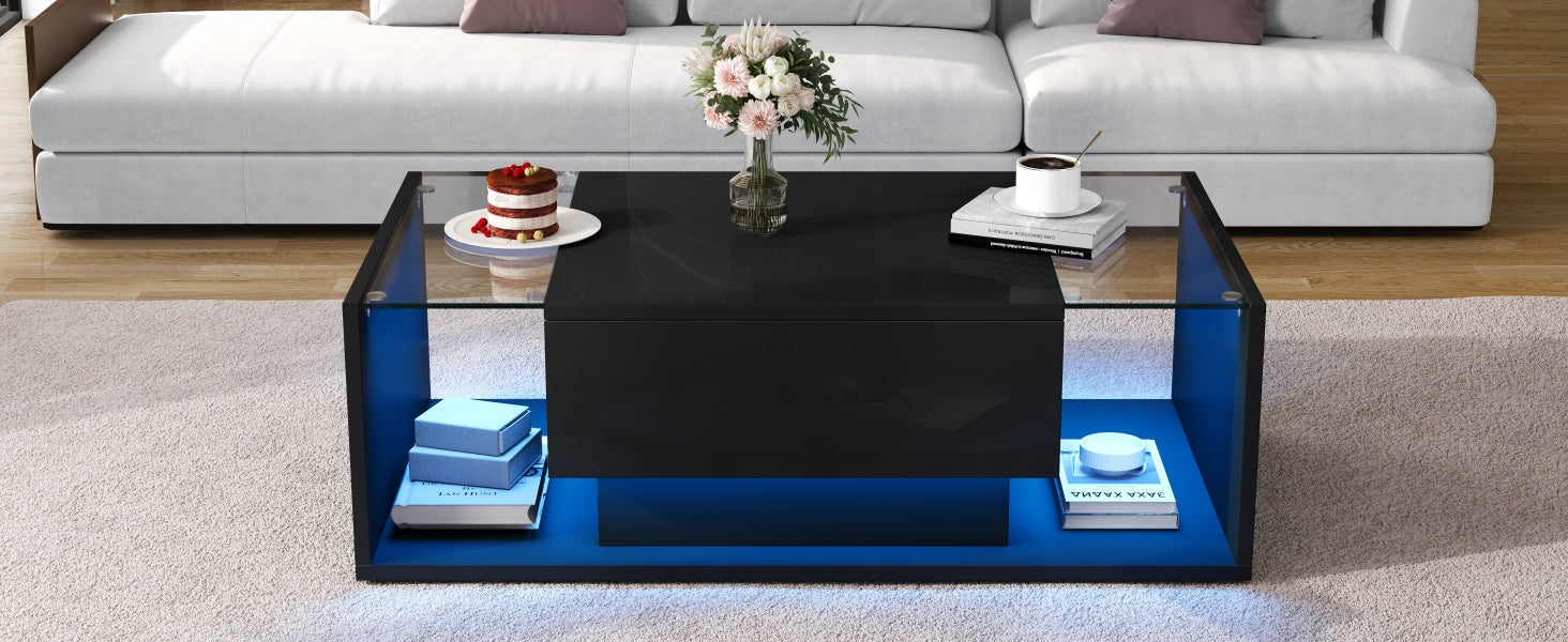 Logidon Zwarte hoogglans salontafel 100x50x31 cm met lade LED lichtstrip