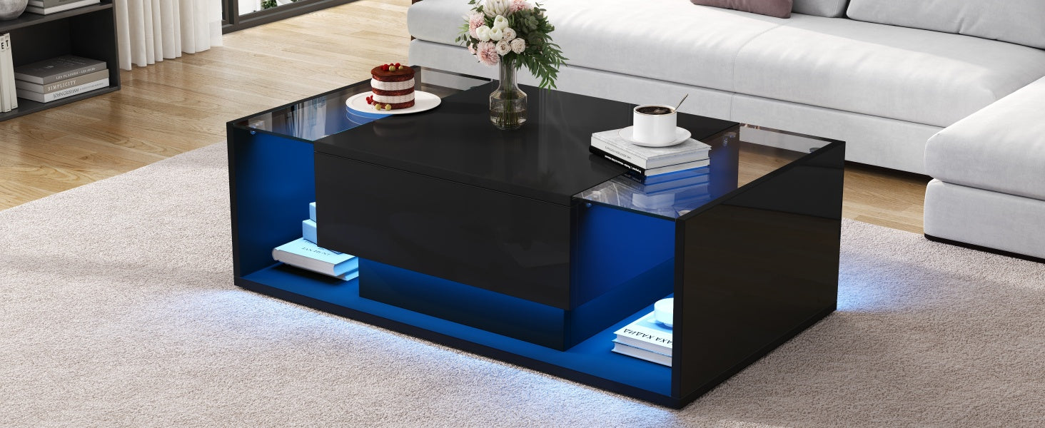 Logidon Zwarte hoogglans salontafel 100x50x31 cm met lade LED lichtstrip