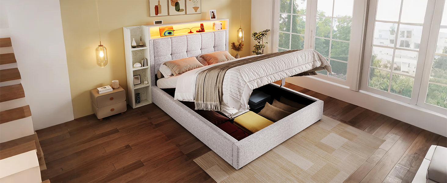 Logidon gestoffeerd bed 90x200 cm beige USB C oplaadfunctie opbergruimte