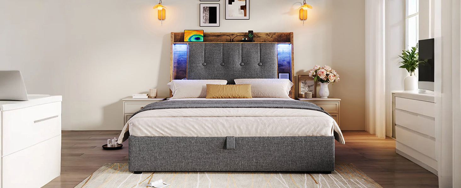 Logidon gestoffeerd bed 90x200 grijs met USB TypeC oplaadfunctie
