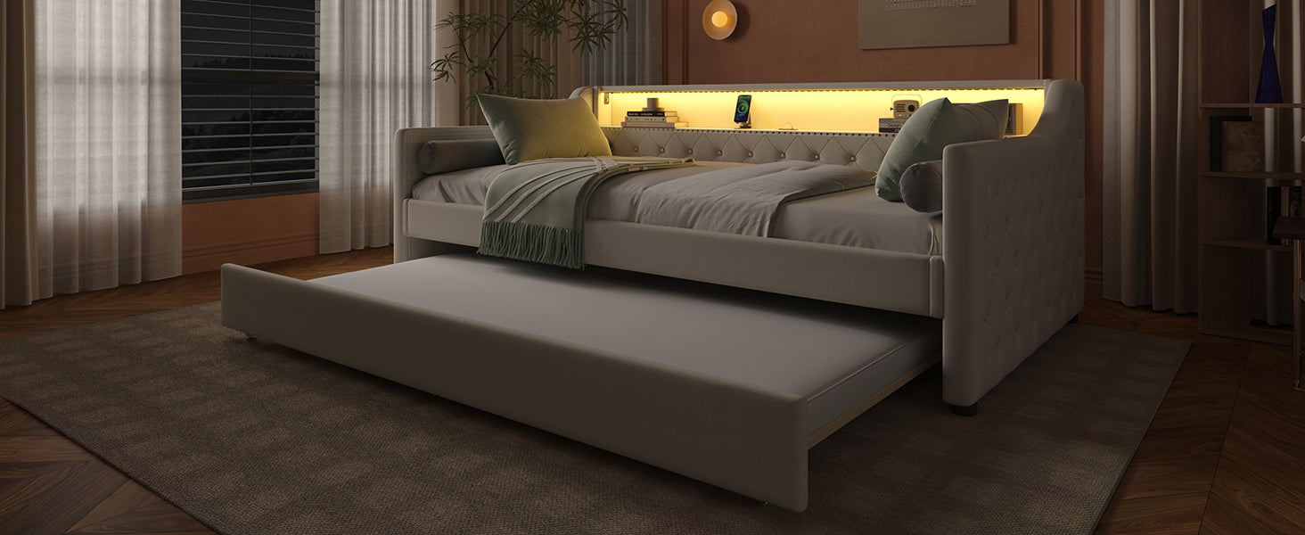Logidon Daybed 90x200 beige linnen slaapbank LED USB lattenbodem