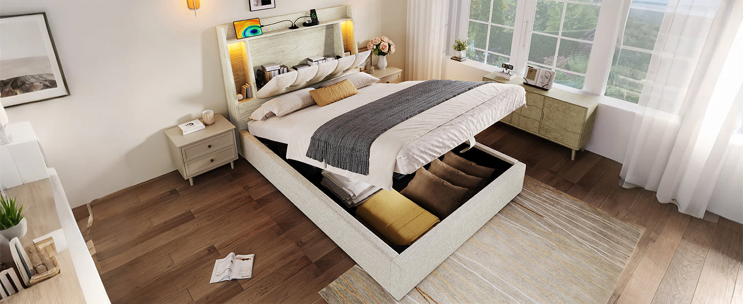 Logidon gestoffeerd bed 90x200 beige linnenlook USB C oplaadfunctie LED