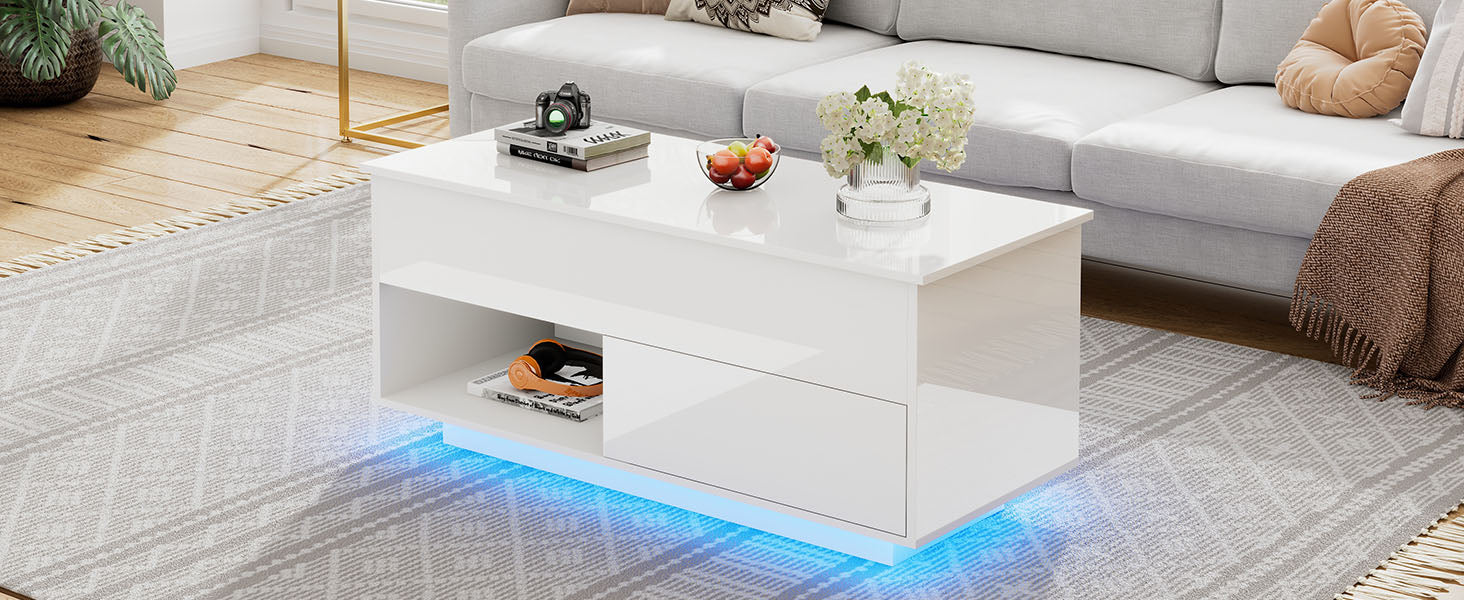 Logidon hoogglans hefsalontafel 100 x 50 cm witte LED-verlichting
