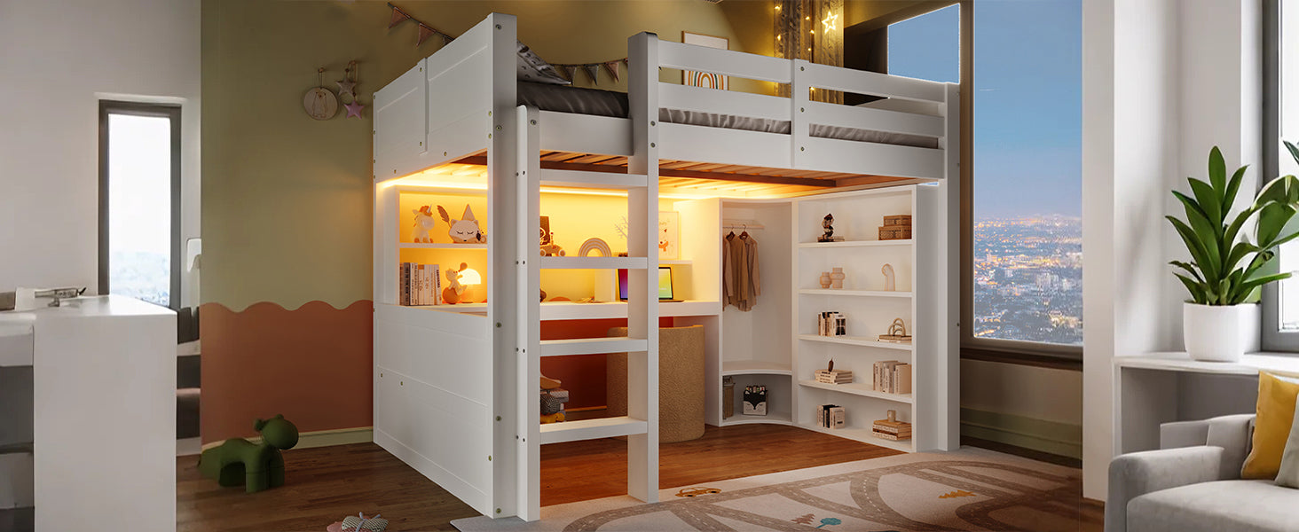Logidon hoogslaper, 140x200cm, met LED verlichting, kledingkast, bureau, lades, opbergvakken, zonder matras, wit
