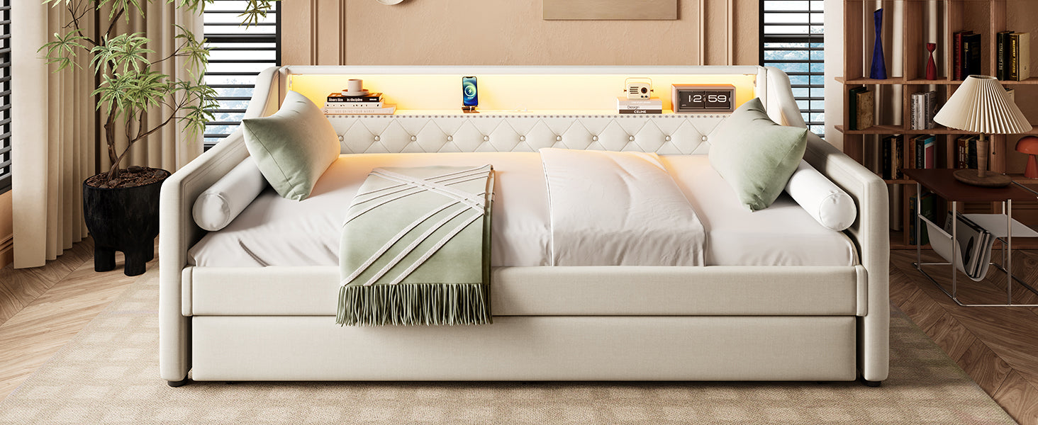 Logidon Daybed 90x200 beige linnen slaapbank LED USB lattenbodem
