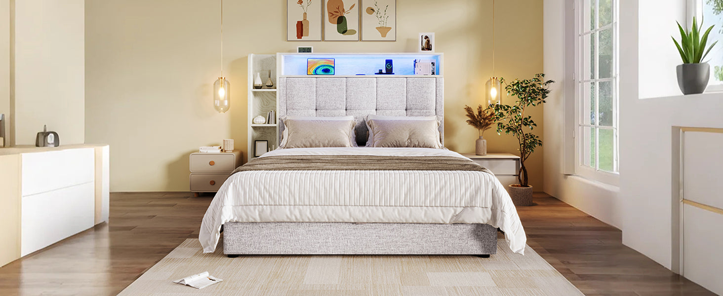 Logidon gestoffeerd bed 90x200 cm beige USB C oplaadfunctie opbergruimte