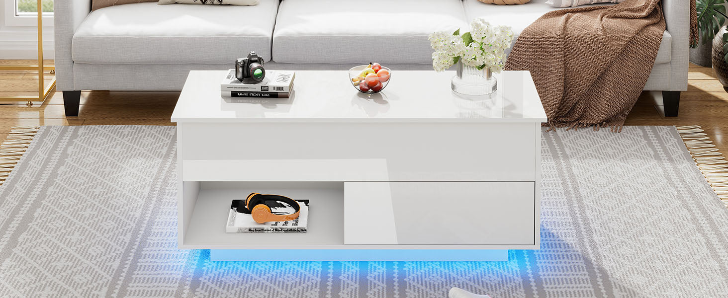 Logidon hoogglans hefsalontafel 100 x 50 cm witte LED-verlichting