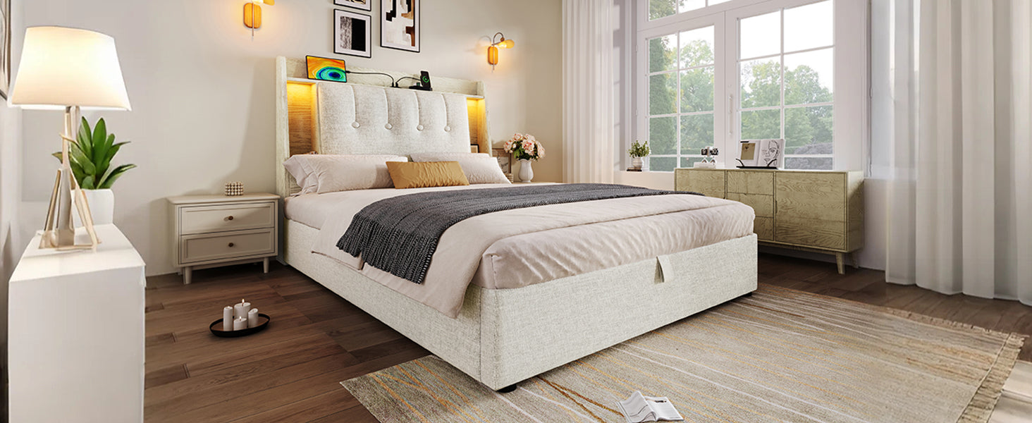 Logidon gestoffeerd bed 90x200 beige linnenlook USB C oplaadfunctie LED