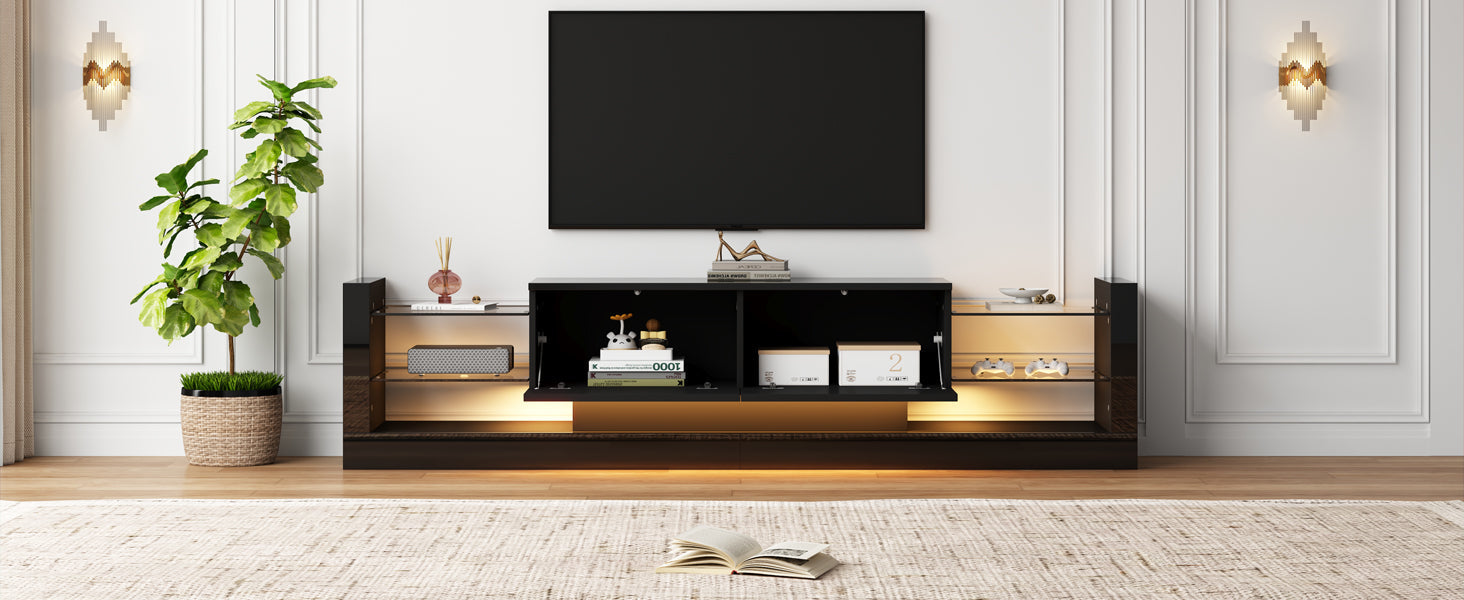 Logidon high-gloss TV cabinet 181 cm LED lighting black glass front