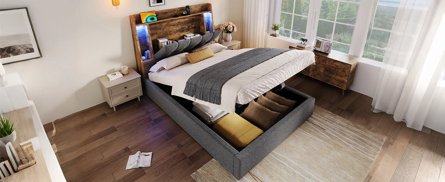 Logidon gestoffeerd bed 90x200 grijs met USB TypeC oplaadfunctie