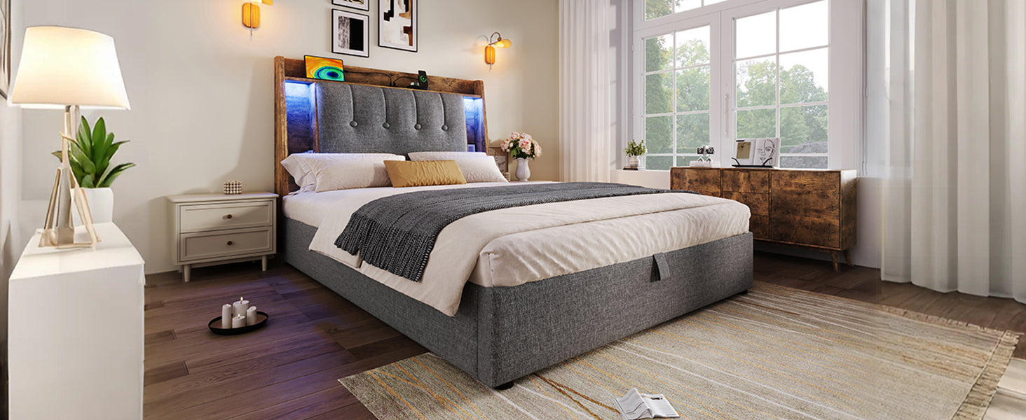 Logidon gestoffeerd bed 90x200 grijs met USB TypeC oplaadfunctie