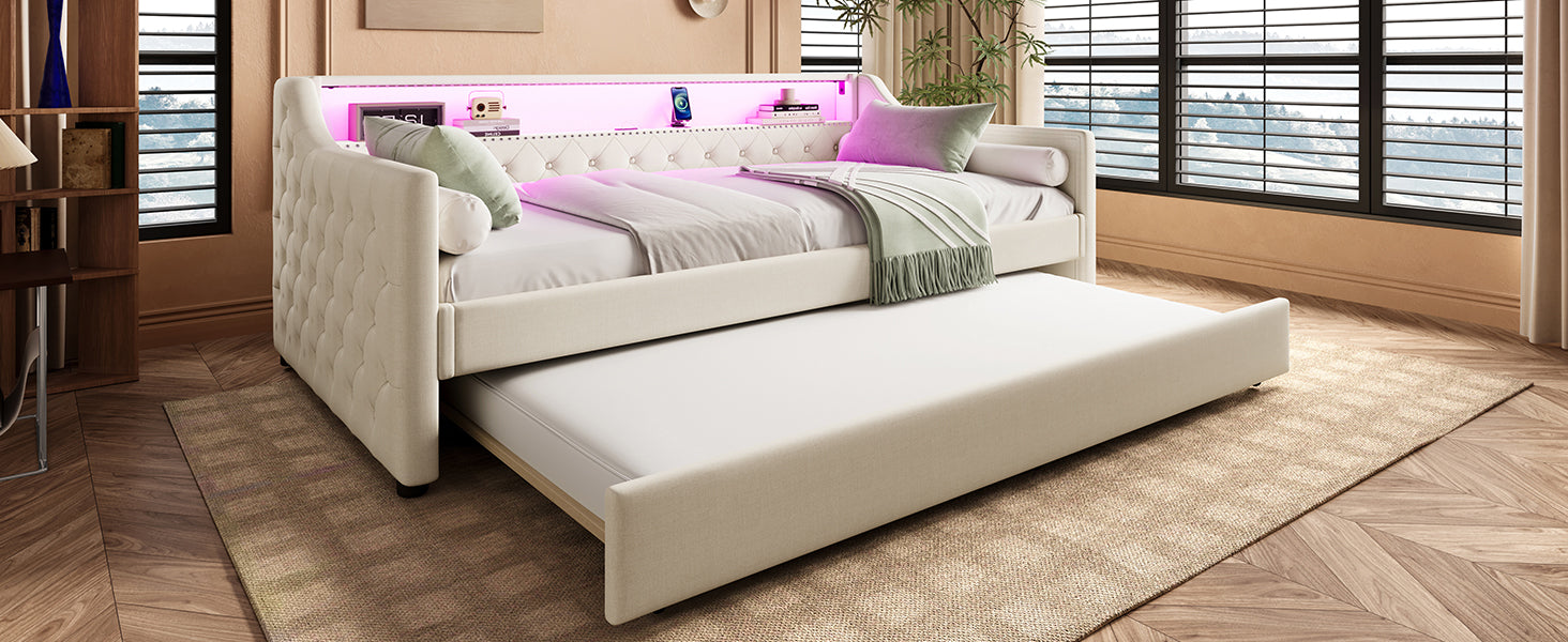 Logidon Daybed 90x200 beige linnen slaapbank LED USB lattenbodem