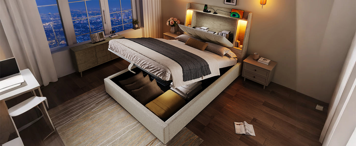 Logidon gestoffeerd bed 90x200 beige linnenlook USB C oplaadfunctie LED