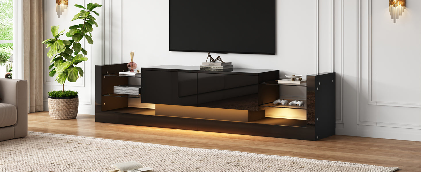 Logidon high-gloss TV cabinet 181 cm LED lighting black glass front