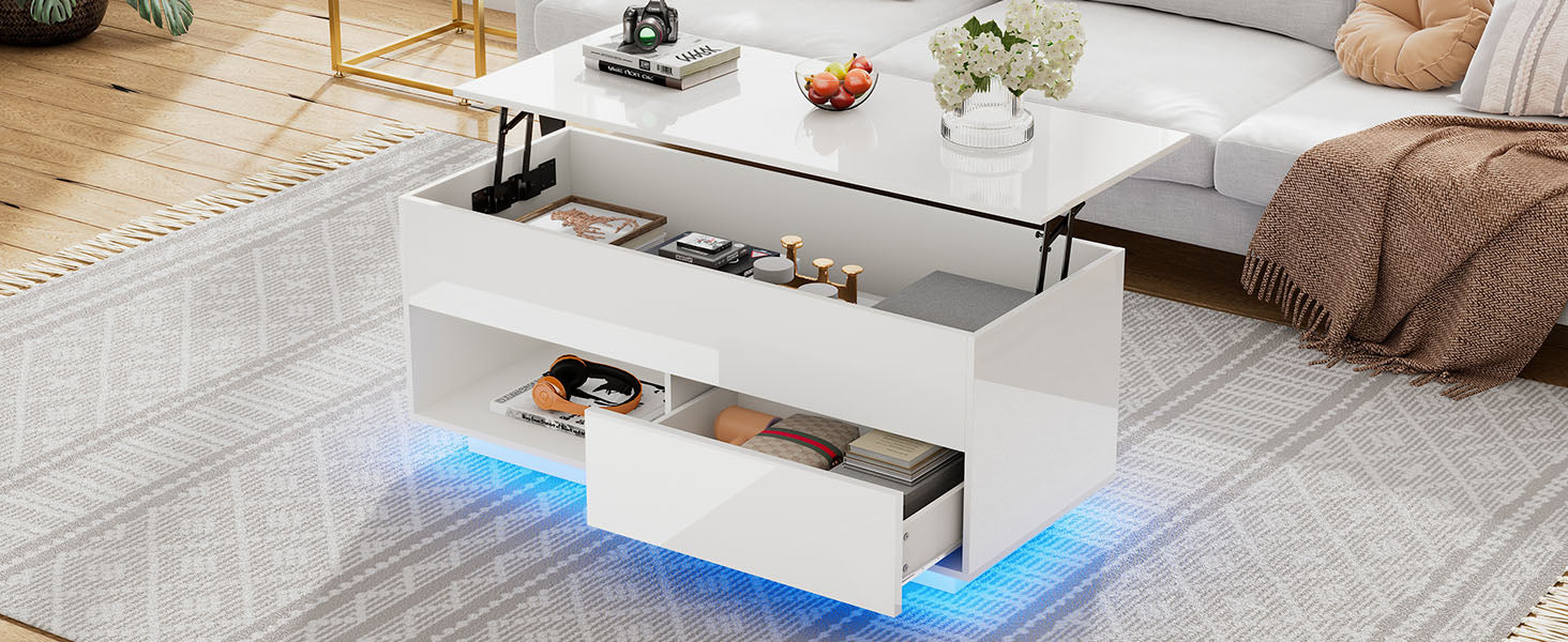 Logidon hoogglans hefsalontafel 100 x 50 cm witte LED-verlichting