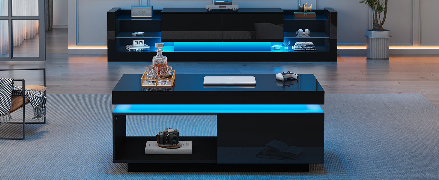 Logidon hoogglans salontafel zwart met LED verlichting 100x50x40 cm