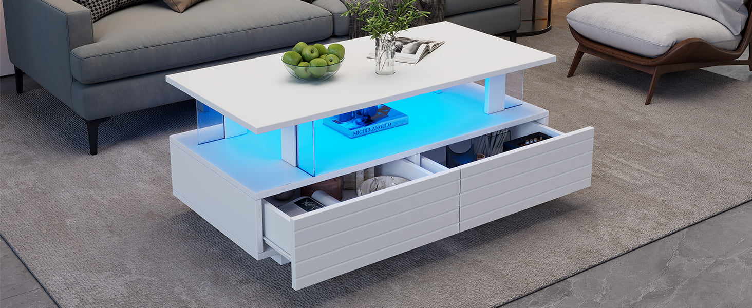 Logidon Witte LED Salontafel met Opbergruimte Bluetooth App Bediening 100x50x42 Cm
