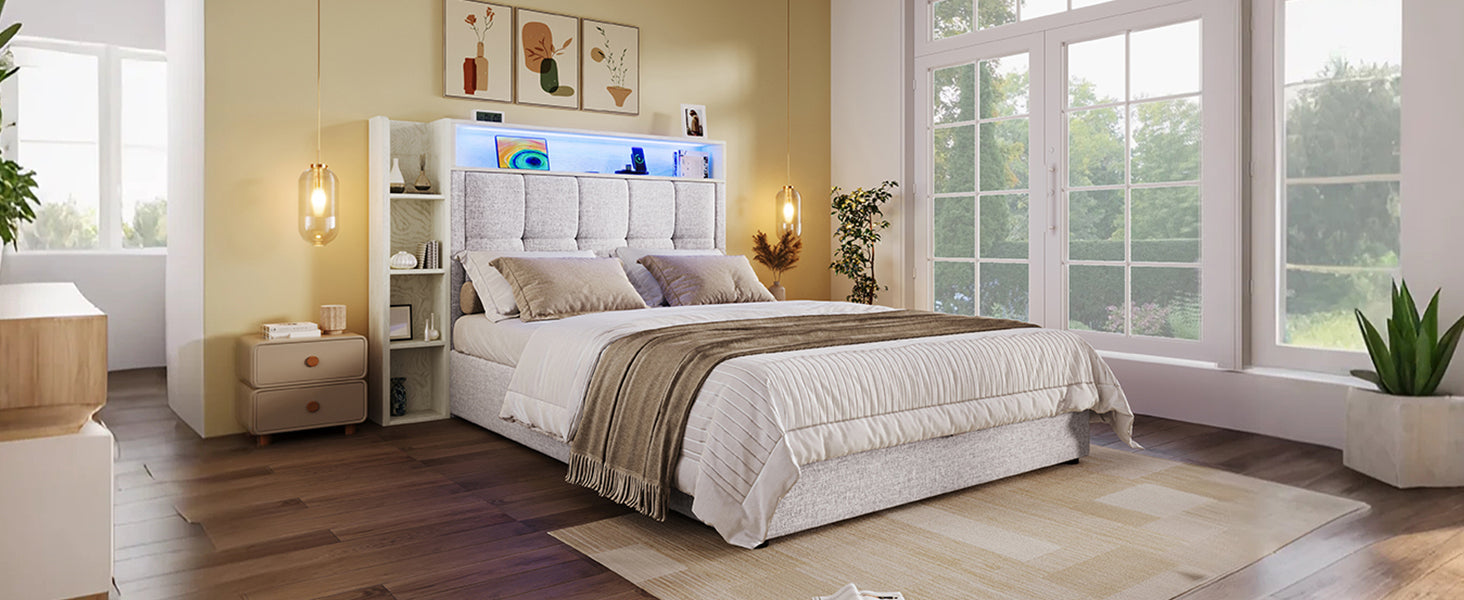 Logidon gestoffeerd bed 90x200 cm beige USB C oplaadfunctie opbergruimte