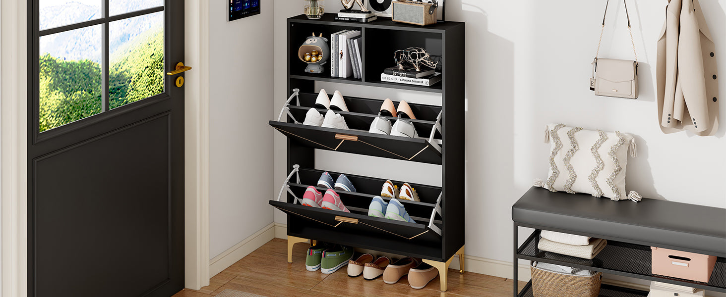 Logidon shoe cabinet 80x25x117 cm black with folding doors and four shoe shelves