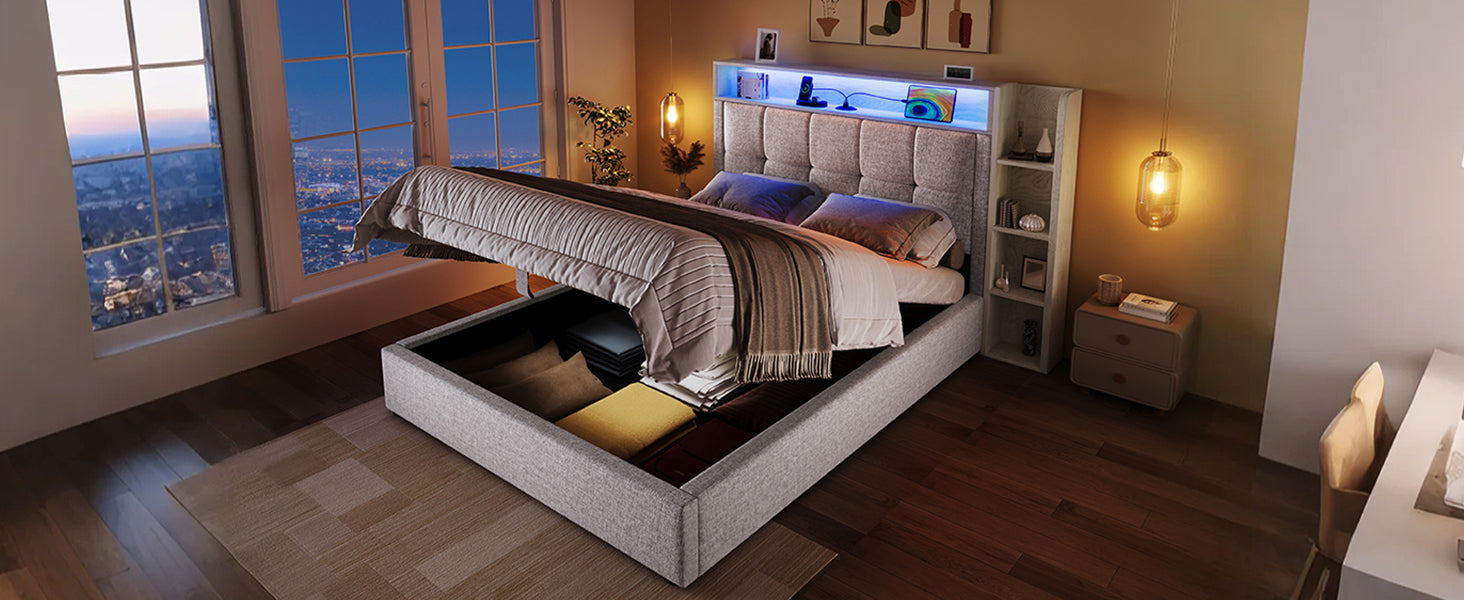 Logidon gestoffeerd bed 90x200 cm beige USB C oplaadfunctie opbergruimte