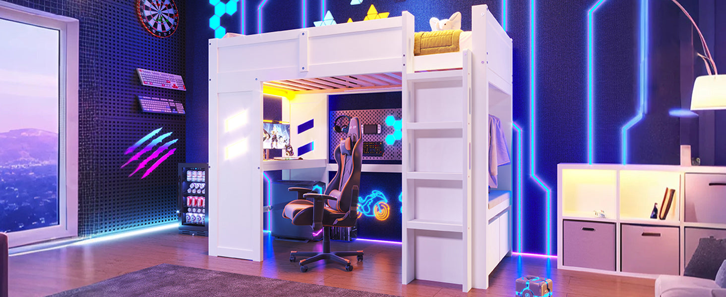 Logidon hoogslaper 90x200cm gamingbed met bureau USB Type C wit
