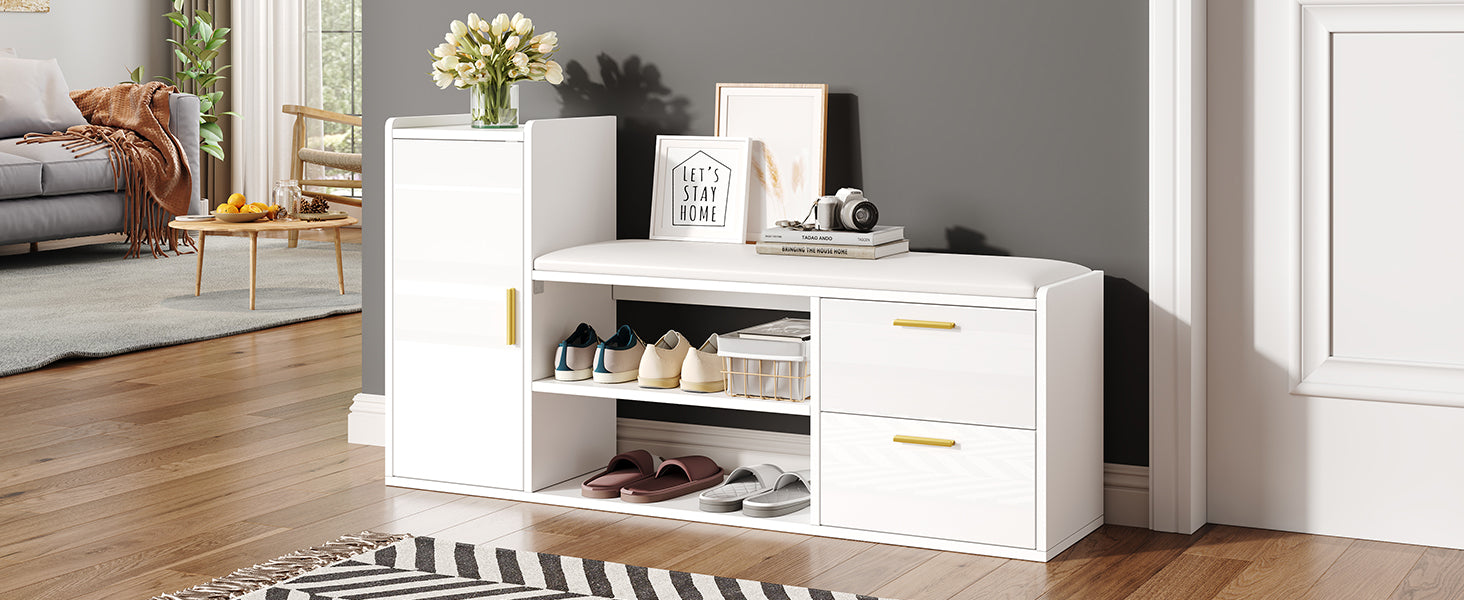 Logidon schoenenbank wit hoogglans 128x30x68 cm met 2 lades