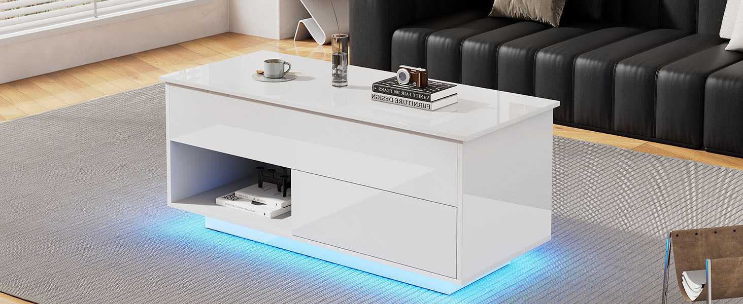 Logidon hoogglans hefsalontafel 100 x 50 cm witte LED-verlichting